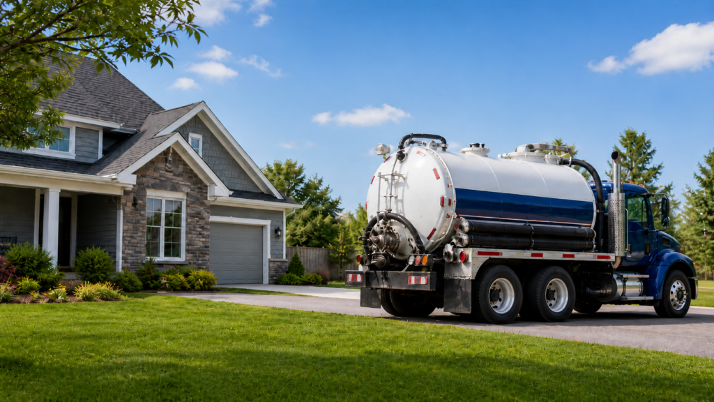 Vacuum truck servicing a residential customer at a new septic pumping business
