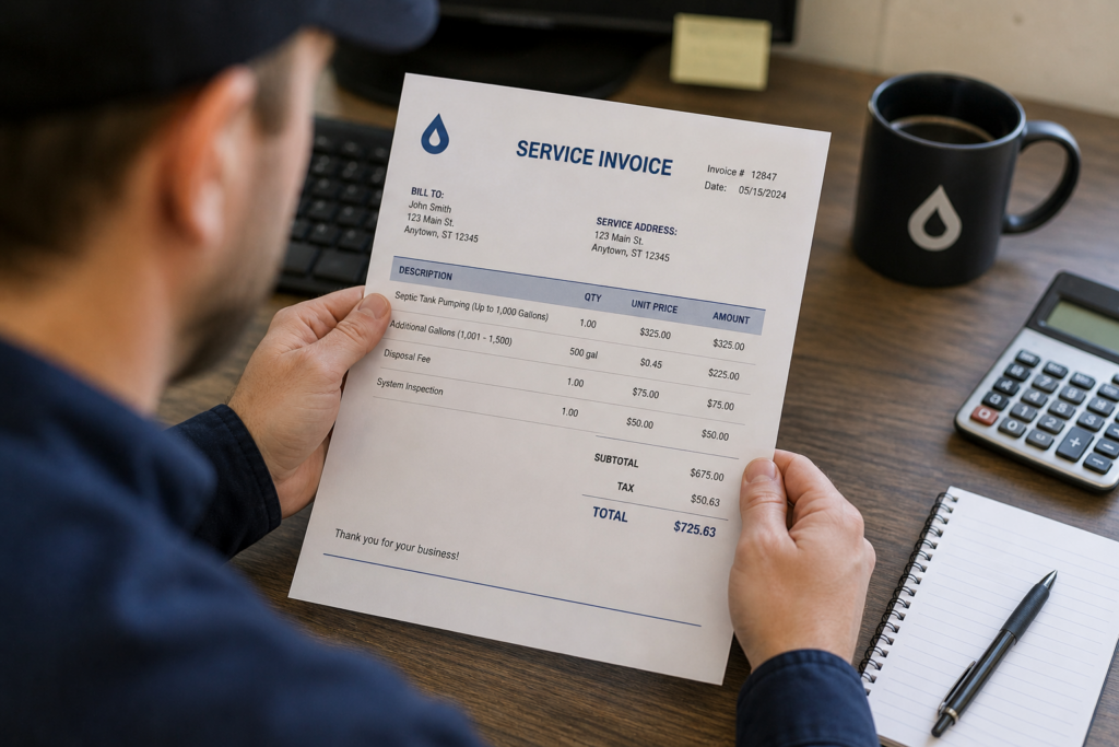 Operator reviewing septic pumping prices on a service invoice