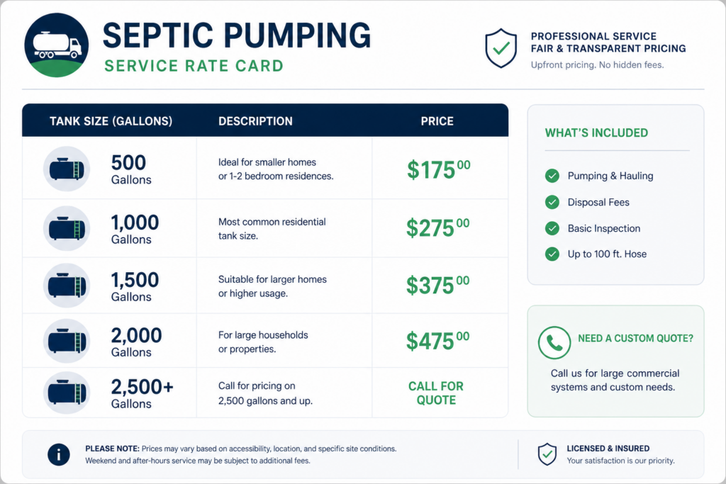 Septic pumping prices rate card breakdown by tank size